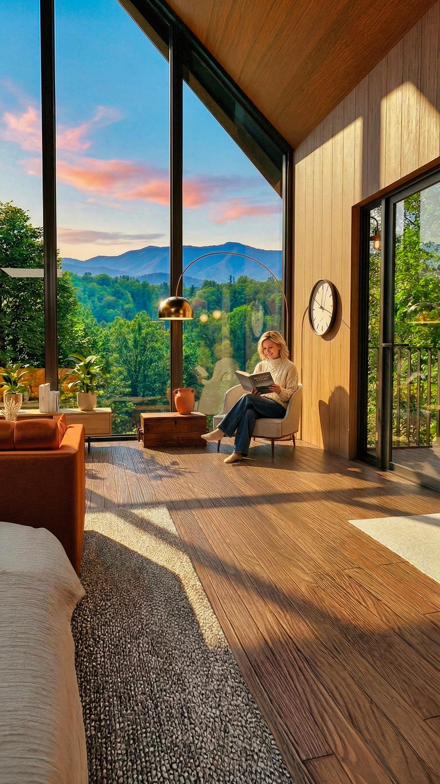 Guest reading in a sunlit lounge with floor-to-ceiling mountain views