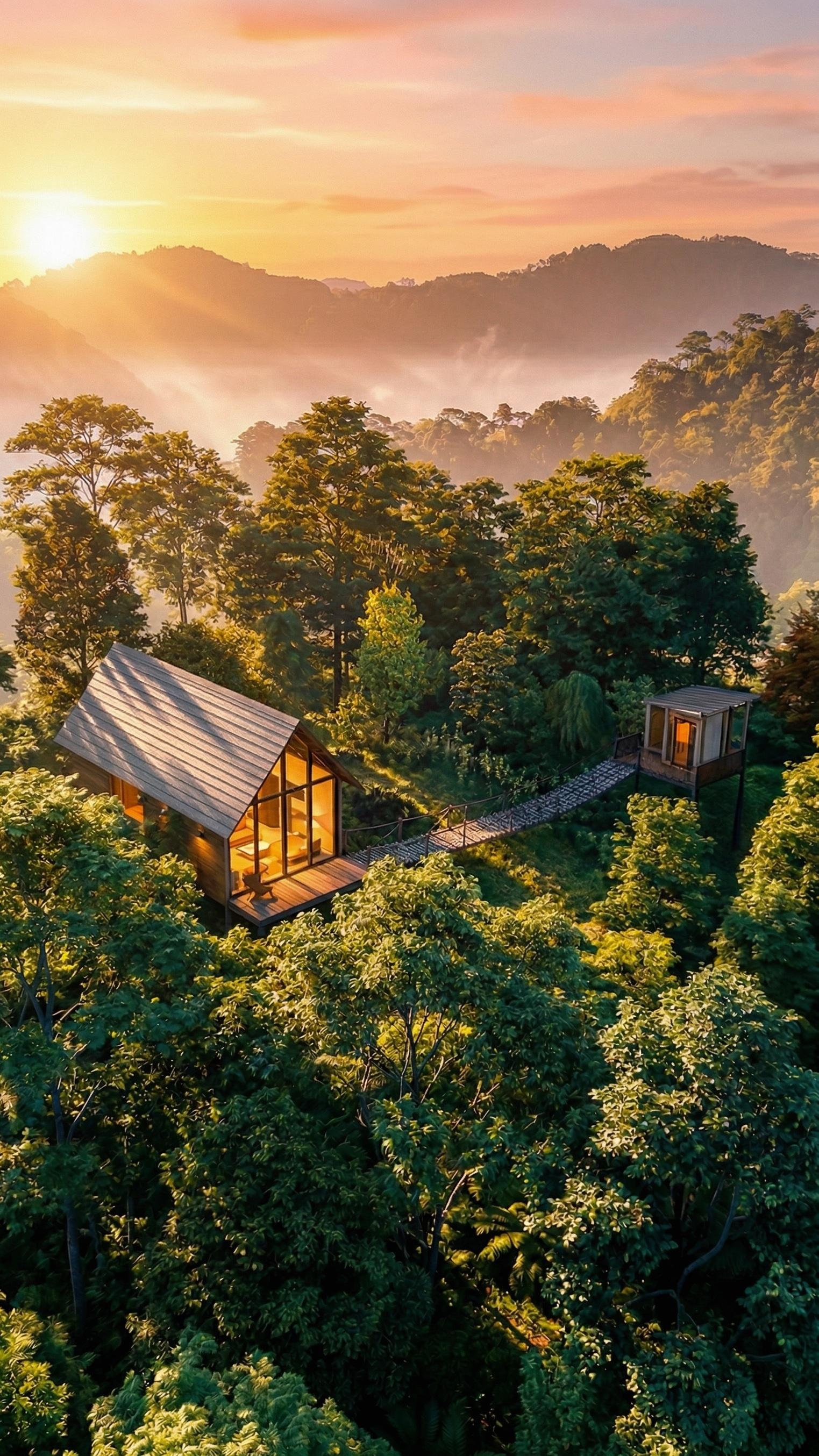 Aerial view of a treehouse cabin glowing among the trees