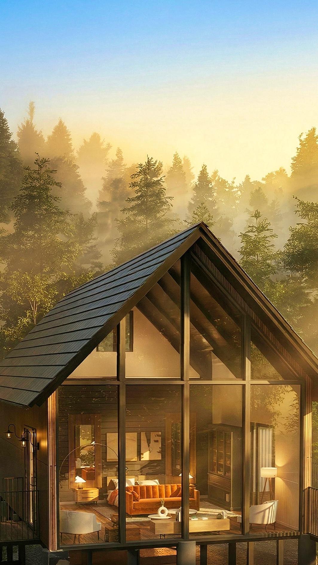 A-frame treehouse with a glass gable wall glowing in a misty pine forest