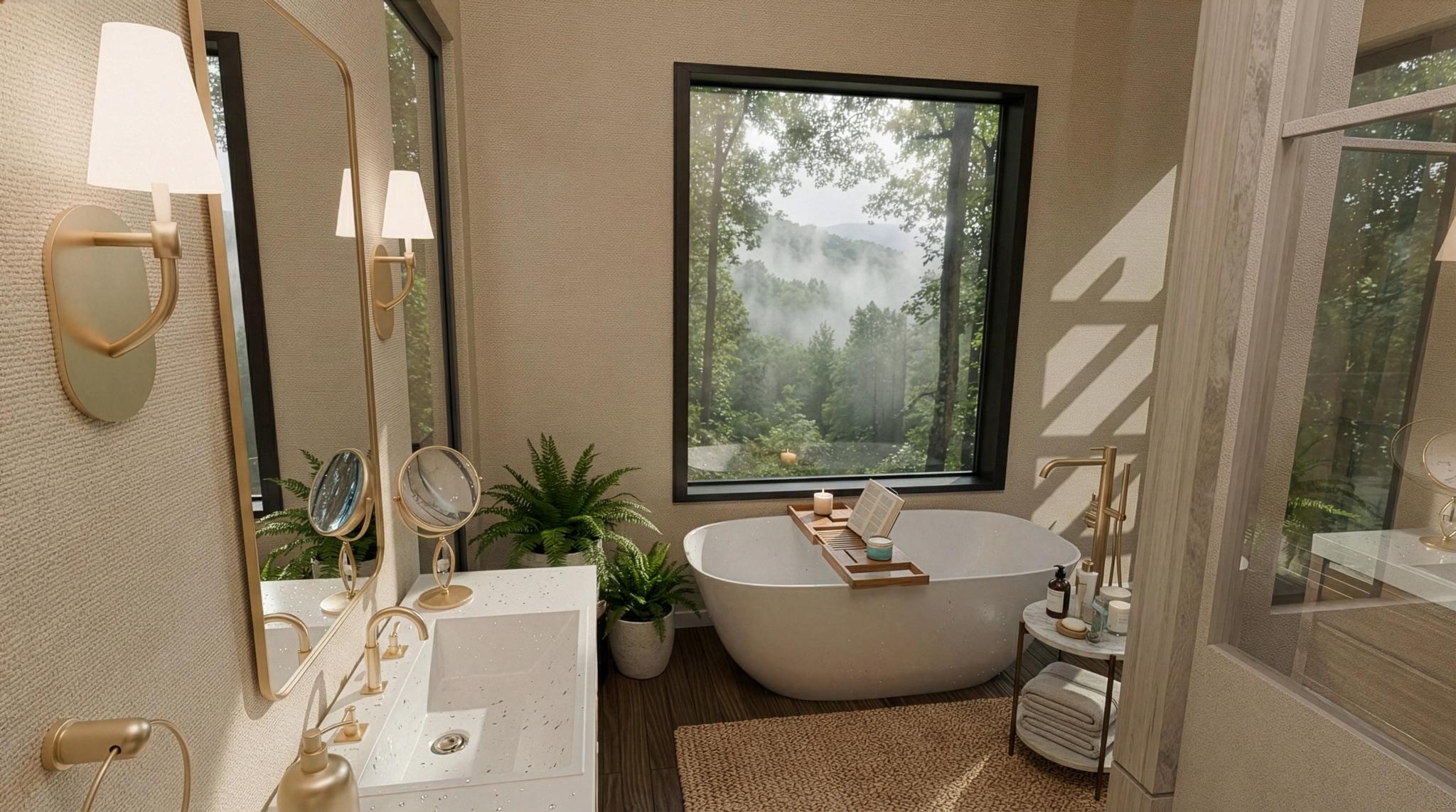 Bright treehouse bathroom with a freestanding tub beneath a forest-view window