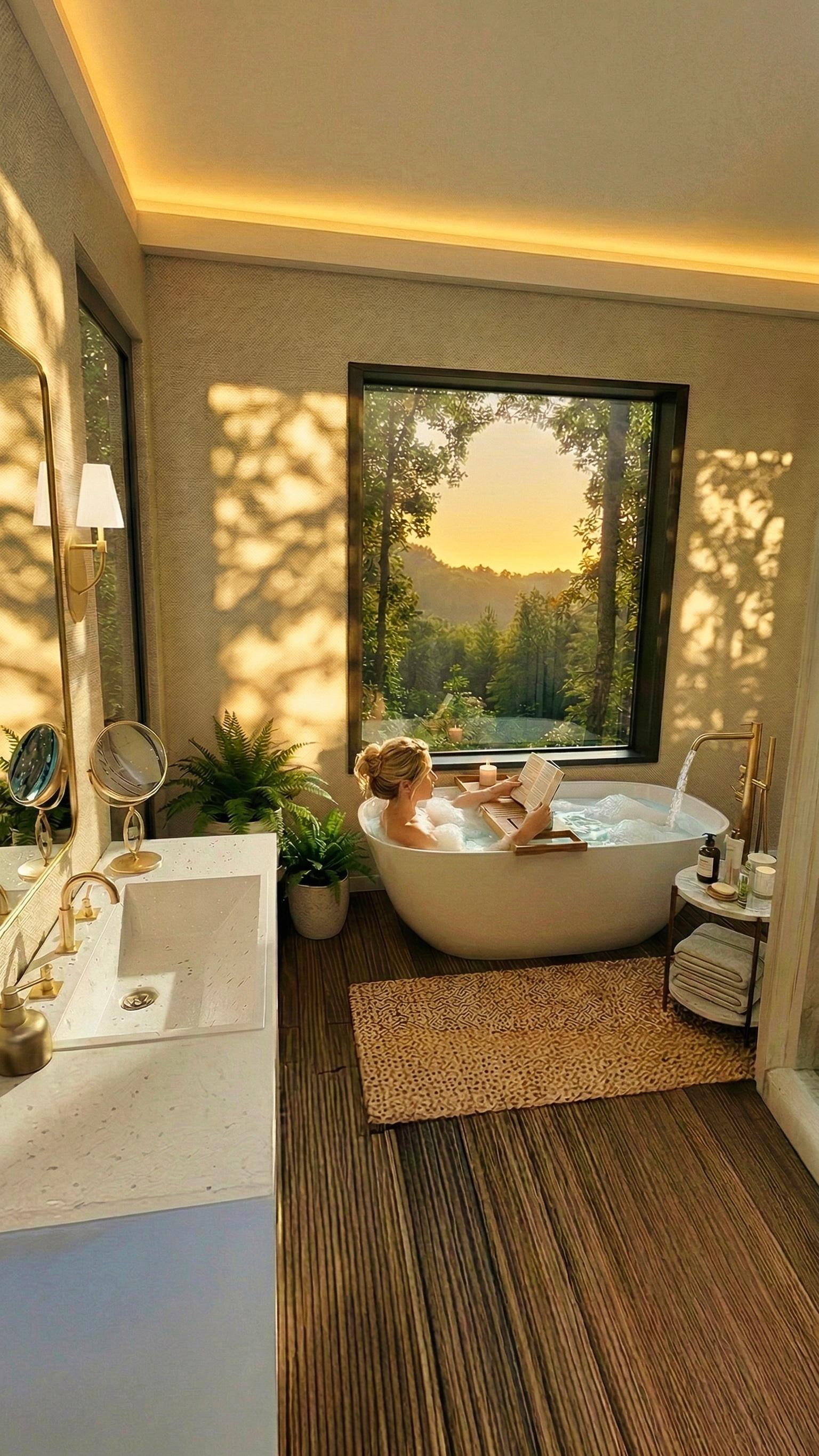 Guest reading in a bubble bath beneath a sunset forest window