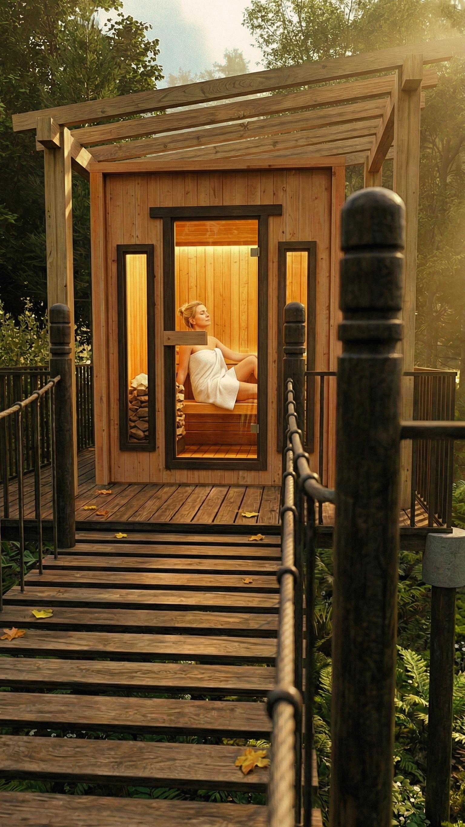 Guest unwinding in a warm cedar sauna on a treetop deck