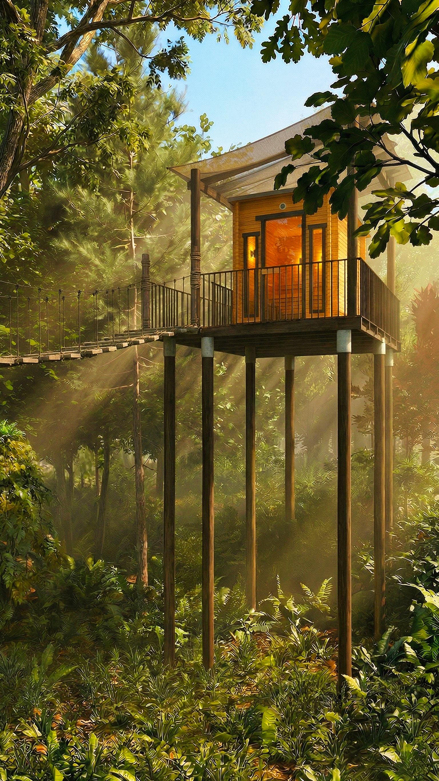 Suspension bridge leading to a warmly lit treehouse door in the forest canopy
