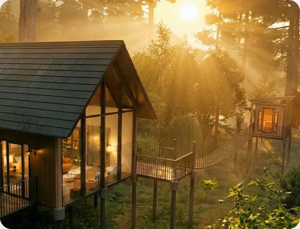 Treehouse with floor-to-ceiling windows glowing at golden sunrise, sunbeams streaming through the forest